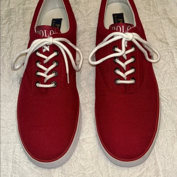 Polo by Ralph Lauren Red Canvas Flax Linen Low-Top White Logo Sneakers SZ 10.5 D - Picture 4 of 8